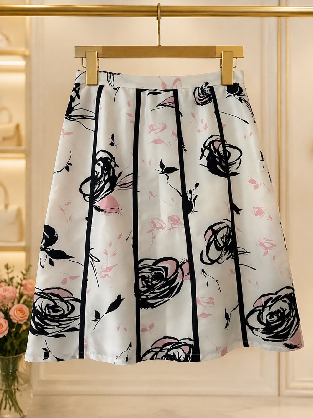 Grace Elements 100% Silk Floral Pleated A-Line Skirt Ivory Pink Black Size 6